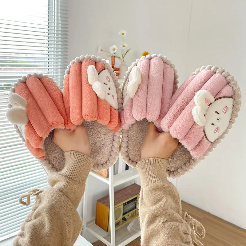 Cute Rabbit Couple Cotton Slippers Female Winter Student Dormitory Stay at Home Anti-slip and Warm Fur Furry Slippers