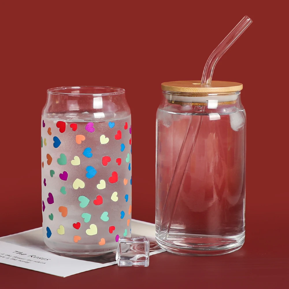 Clear borosilicate tea travel mug 16oz hole shaped cup beer can glass with bamboo lid