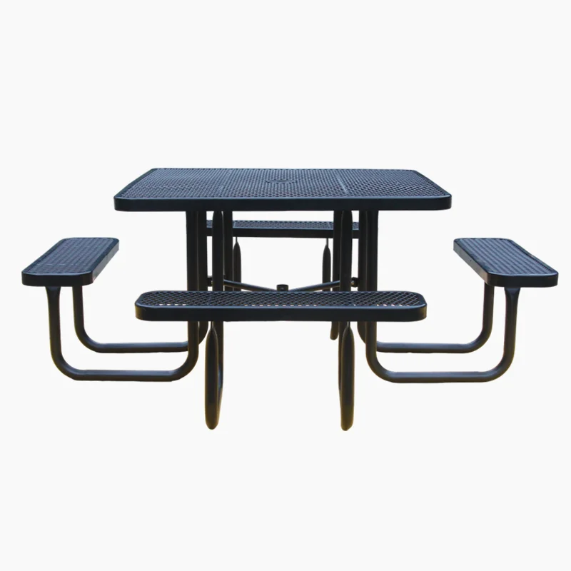 Outdoor commercial metal square picnic table with benches garden furniture steel dinning table outside patio coffee table