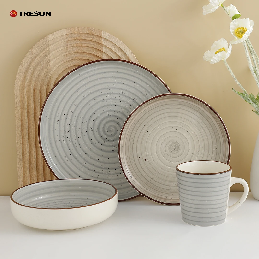 vintage look 12 24 pieces blue spirals pattern stoneware plates and bowls set dinnerware set service for 4