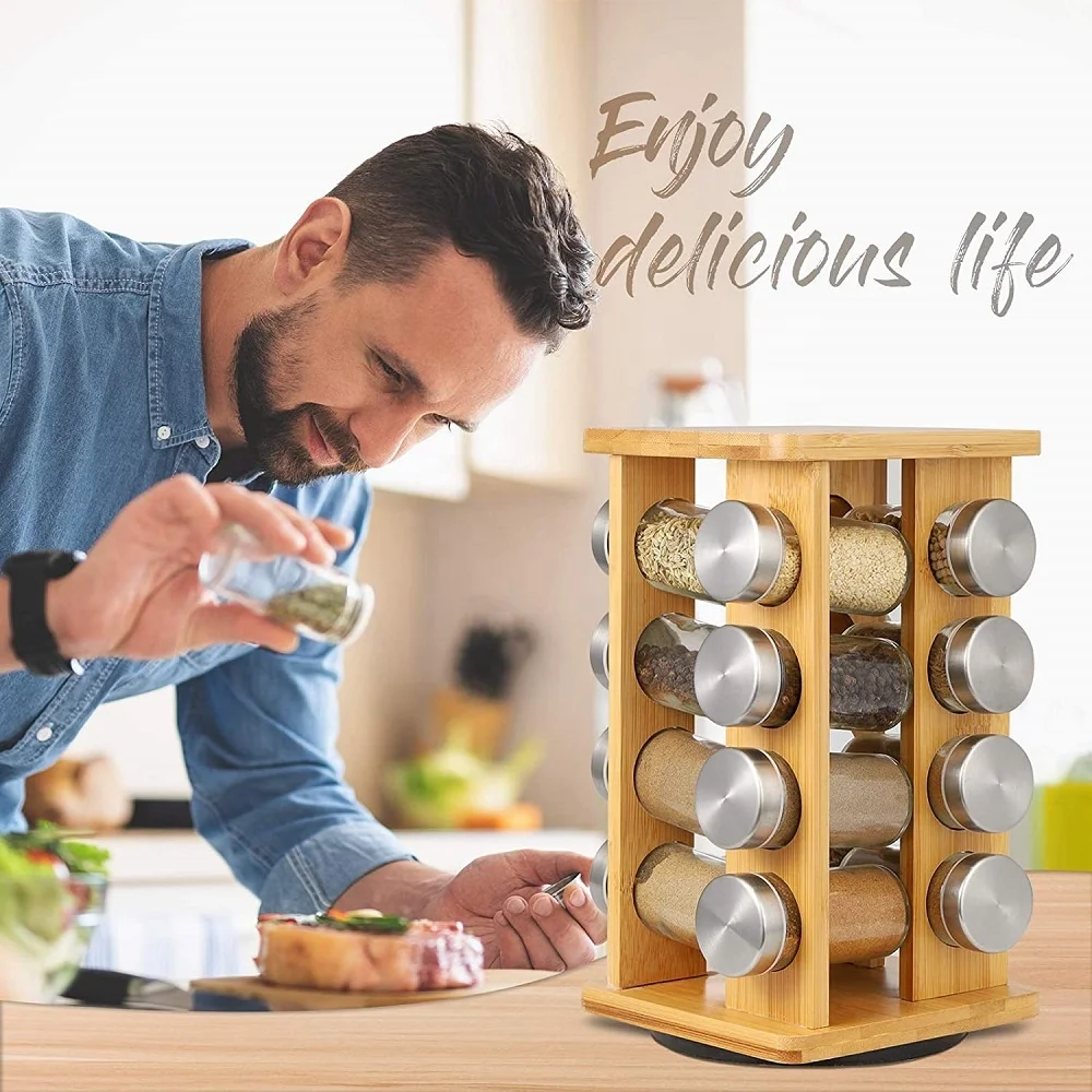 Kitchen Counter Top 360 Degree Rotating Bamboo Spice Storage Rack Stand Herb & Spice Tools for 16 Jars for Salt Storage