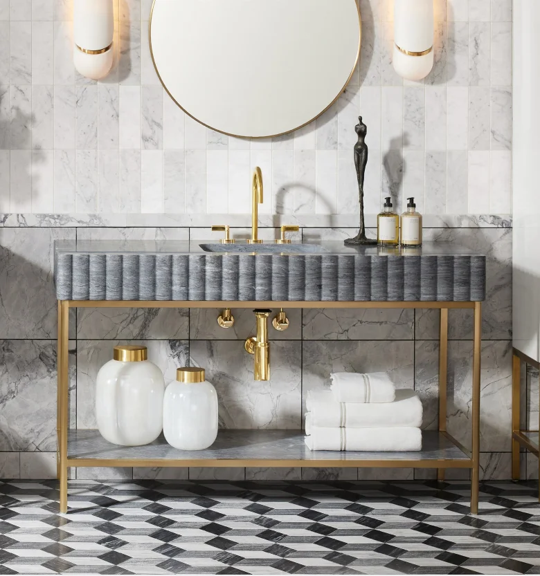 boutique stunning ensuire bathroom walk in shower SPA high end satin gold brushed gold vanity base powder room console sink