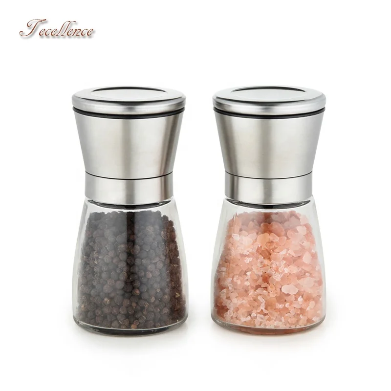 Manual Salt Pepper Grinder Set, Stainless Steel Pepper Grinder Mill with Glass Bottle