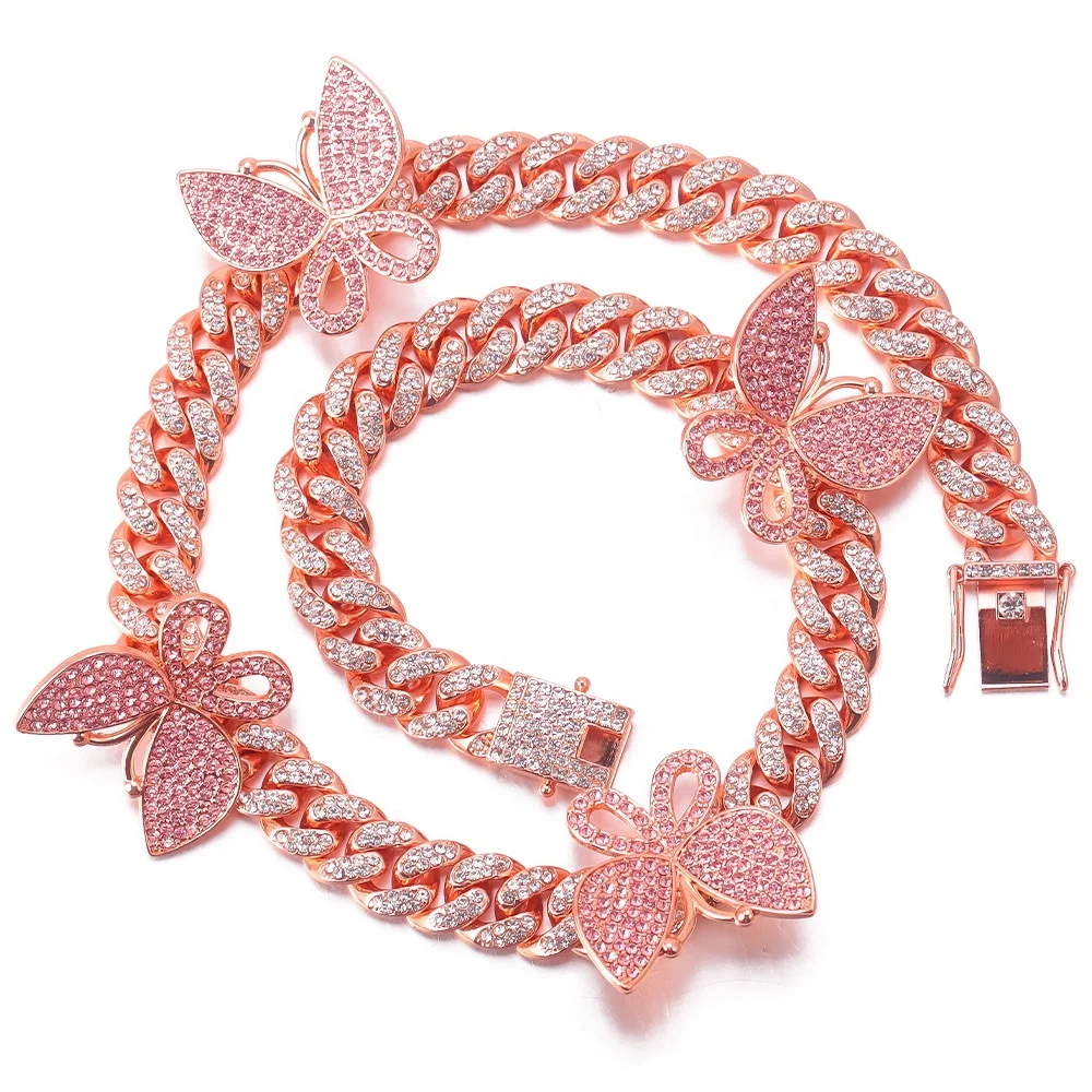 Custom Ice Out Cuban Link Chain Butterfly Charms Necklace Jewelry