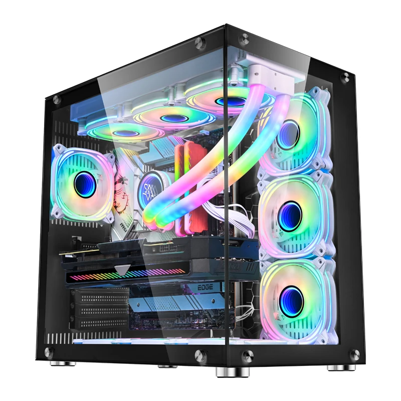 SNOWMAN Black Gaming PC ATX case with Optical Illusion Effect Front Panel Tempered Glass Side Include Support up to EATX Board