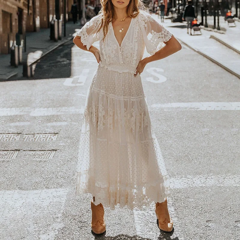 
Party Wear Women Dress White Patchwork Short Sleeve V-Neck Lace Summer Party Dresses For Woman Summer 