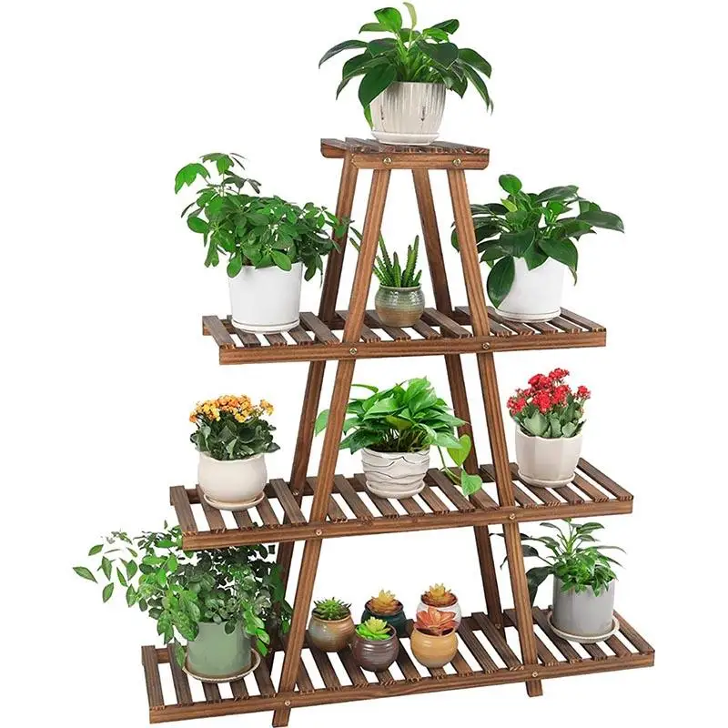 A-frame Wood Plant Display 4 Tier Indoor Outdoor Plant Stand for Living Room Balcony Patio