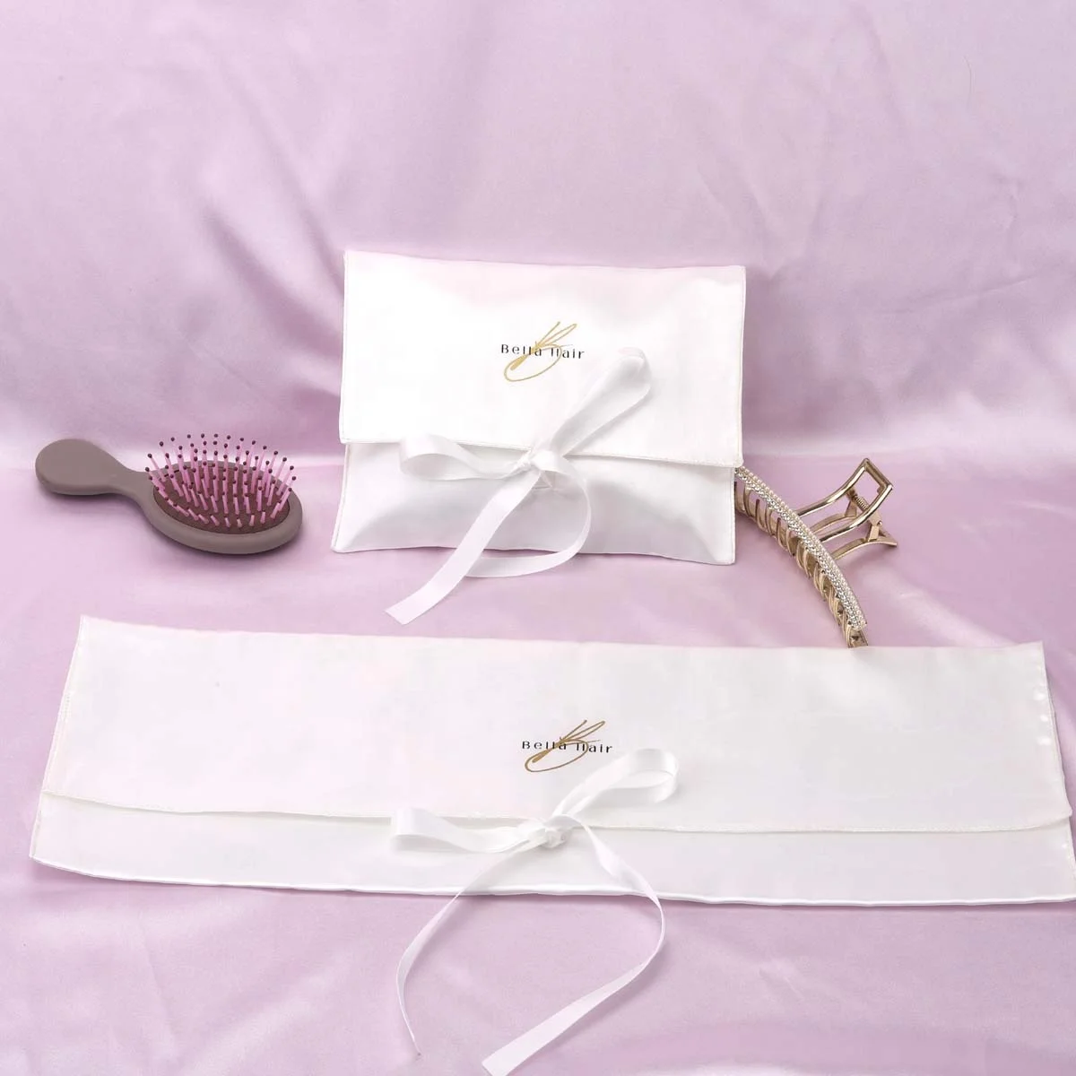 Custom Logo Printing White Satin Hair Headwear Packing Envelope Pouch Luxury Gift Jewelry Satin Bag With Ribbon