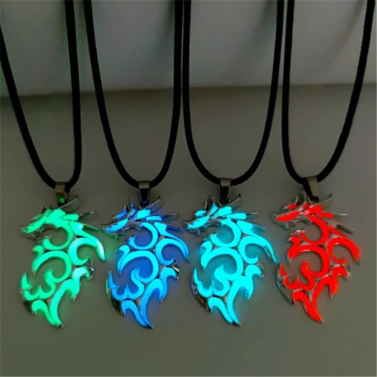 Fashion retro luminous flame dragon necklace personality handsome luminous pendant electroplating alloy leather rope pendant
