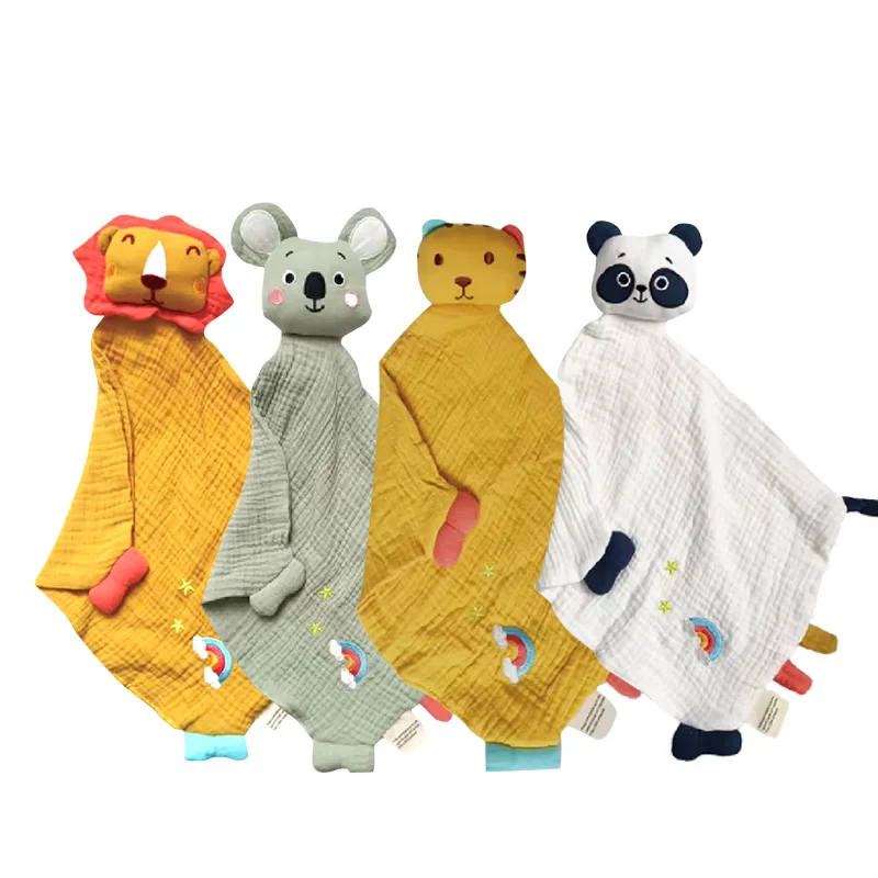 SEEJOYOU Custom Organic Cotton Gauze Plush Blanket Toys Soothing Emotions Super Soft Lovely Animal Rattle Wholesale Baby