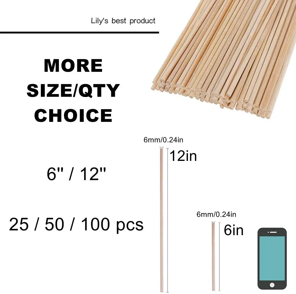 Wholesale 50PCS Dowel Rods Wood Sticks Wooden Dowel Rods Unfinished Bamboo Sticks for Crafts and DIYers