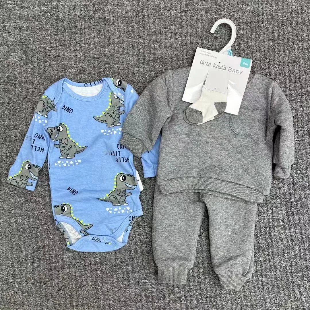 Cute Cartoon Printing Baby 4pcs Clothes Suit Autumn Winter Good Quality Overall Top+Trousers+ Socks+Romper For New Born Baby