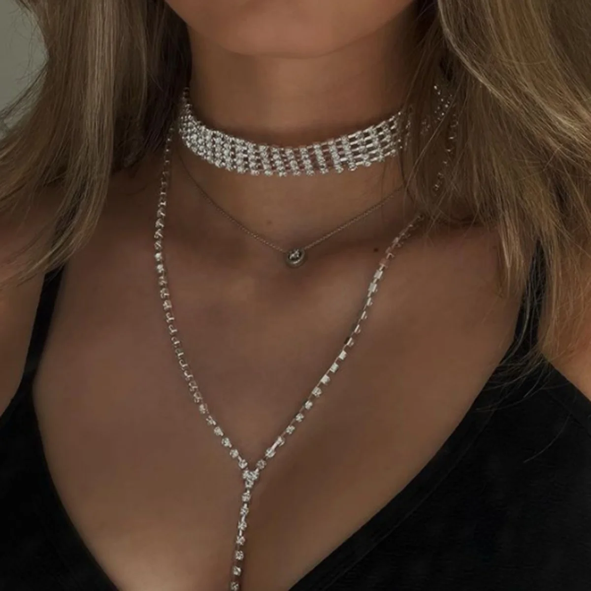 SHIHAN 2023 Multi Layer Crystal Diamond Choker Necklace Fashion Full Rhinestone Long Statement Necklace For Women Party Accessor