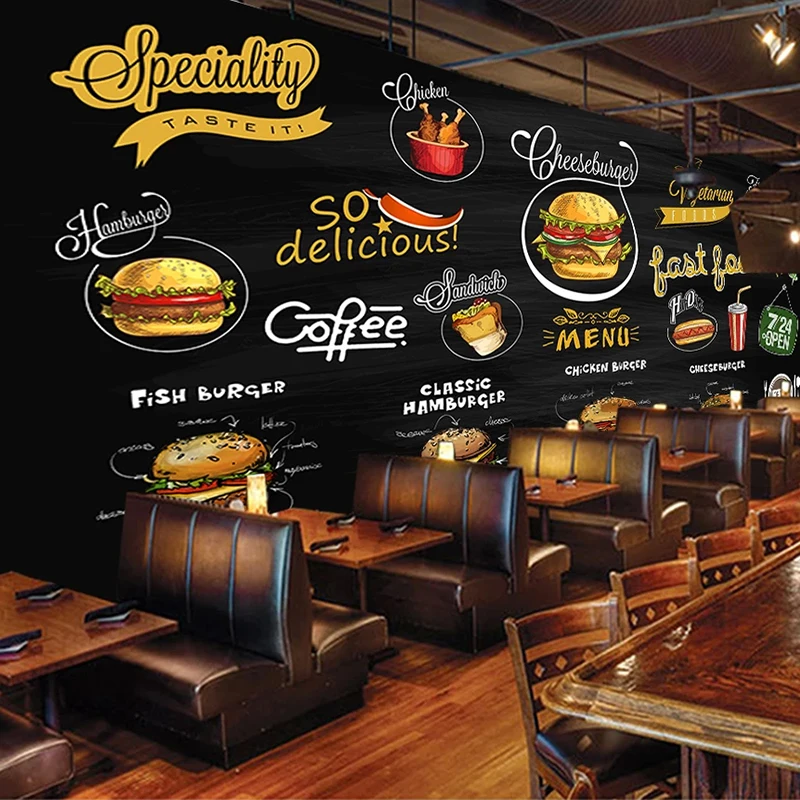 Custom Mural Hand Painted Blackboard Pizza Hamburger 3D Photo Wallpaper Kitchen Restaurant Background Wall Decor Papier Peint