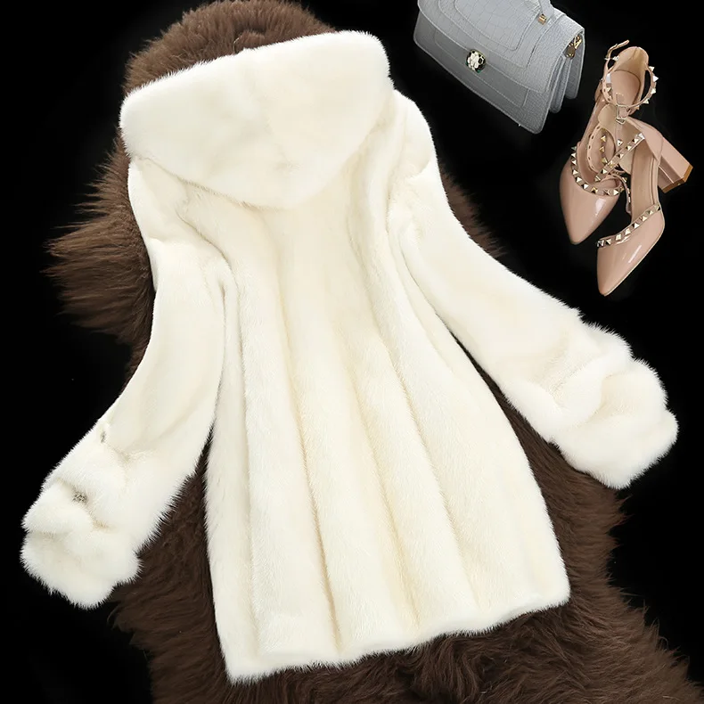 Hot Selling Artifical Mink Fur Hooded Coat Mid-Length Faux Fur Coat Mink Fur Fashion Coat