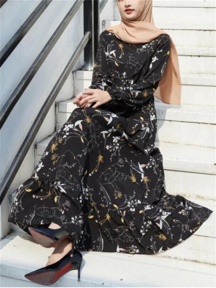 High Quality Muslim Long Skirt Floral Pullover Long Sleeve Waist Crew Neck A-line Dress Ethnic Clothing