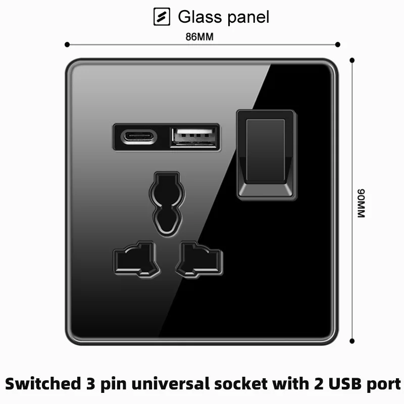 Kaisi 3pin universal with 1gang switch and usb A 5V 2.1A 13A  type-c glass panel wall socket switch