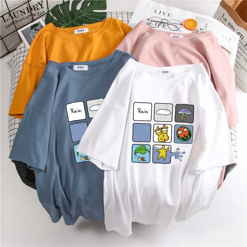 100% Cotton Short Sleeve T-Shirt women 2023 new summer Korean ins personalized print versatile loose white top