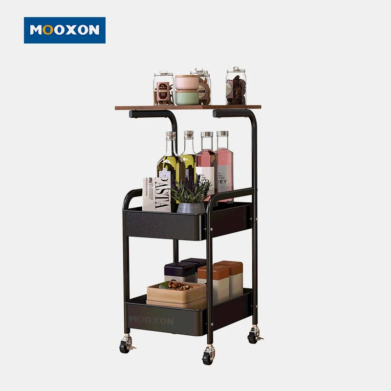 3 Layer Multifunction Steel Mesh Wire Basket Shelving Wood Board Utility Carts Organizer Storage Trolley Kitchen Rolling Cart