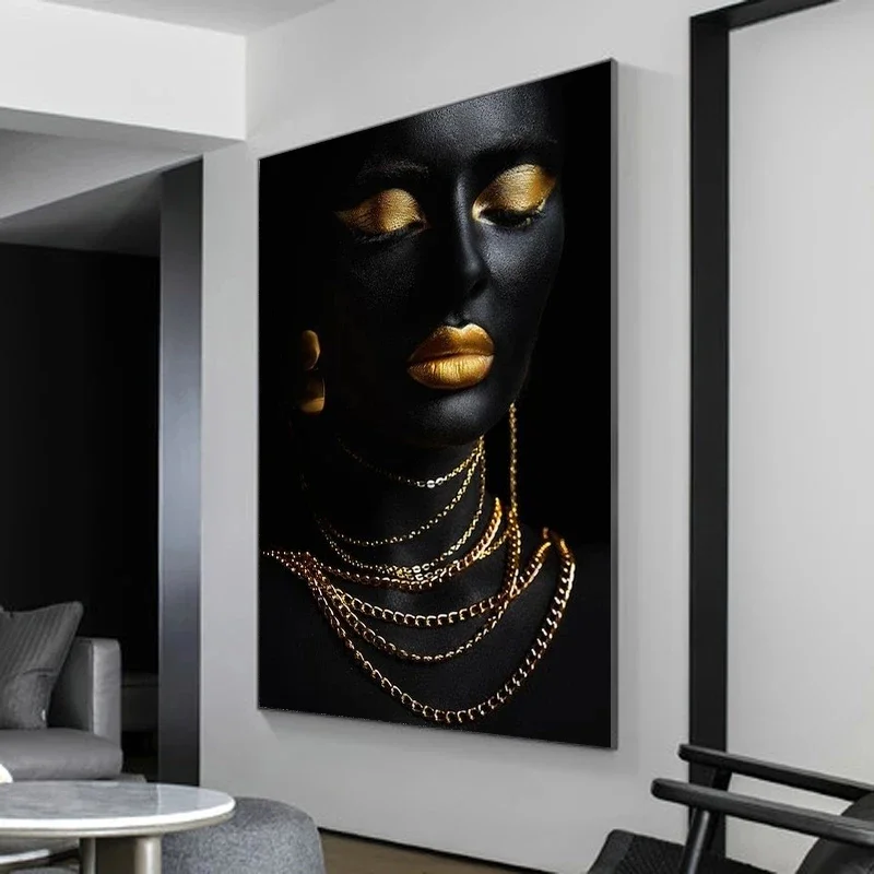 Home Decor HD Print African Black Woman Golden Flower fashions Posters Pictures Mural Painting for wall decor art