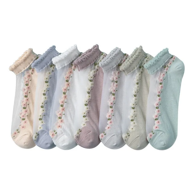 Wholesale Thin Fashion Flower Summer Sheer Socks Crystal Glass Silk Sheer Ankle Transparent Socks