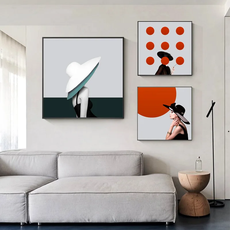 Wall Art Canvas Painting Big Hat Dresses Paris Fashion Girl Nordic Posters and Prints Wall Pictures for Living Room Home Decor