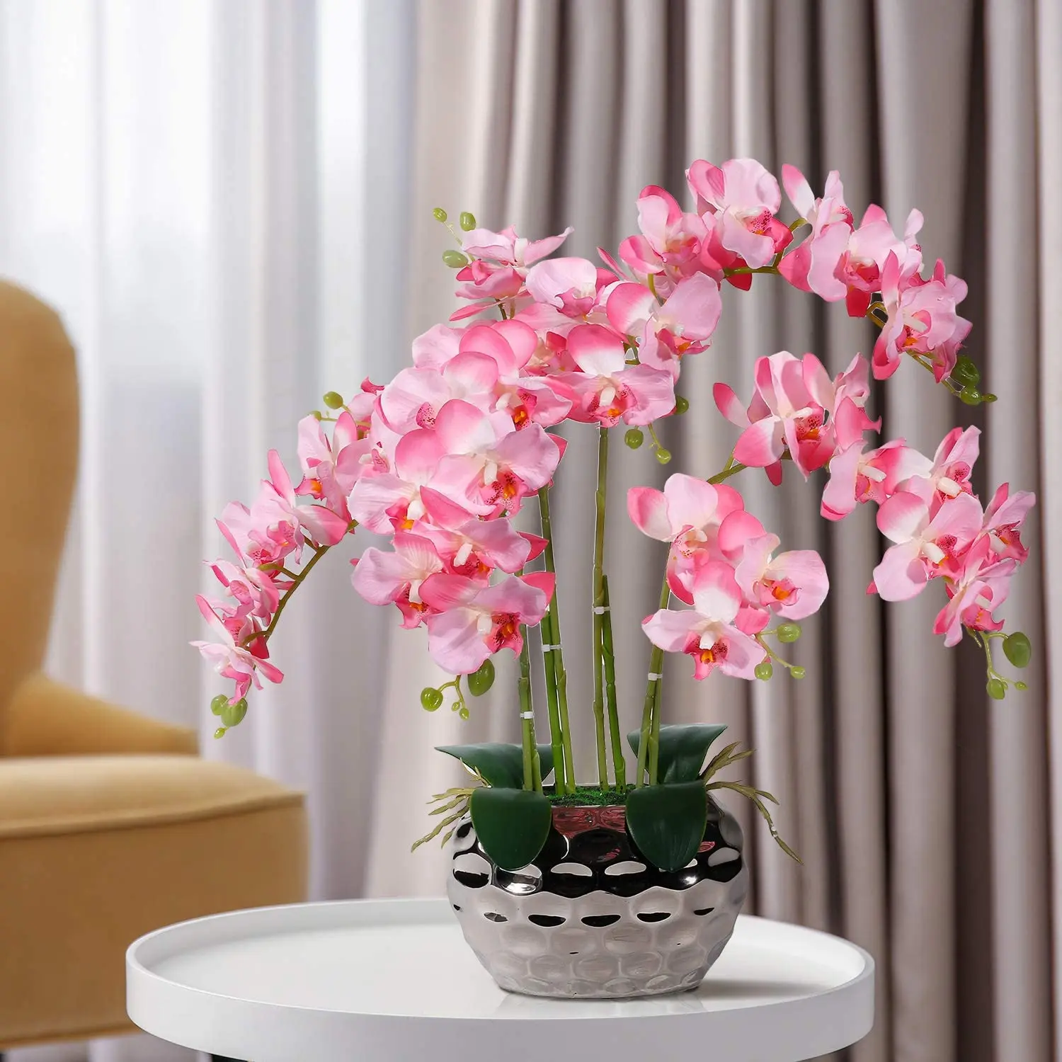 Artificial Orchid in silver Vase White Faux Orchid Plant in Gold Pot  Flower Arrangement White Flowers