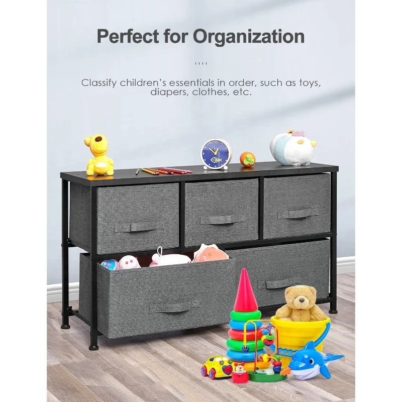 5-Drawers Dresser Organizer Storage Chest with Fabric Drawer Bedside Bedroom Vertical Nightstand