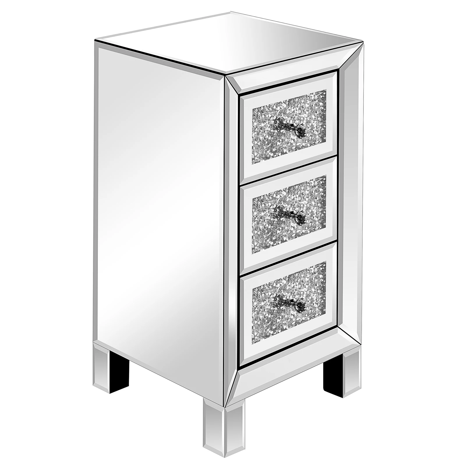 Bedroom Mirrored Furniture Contemporary Mirrored Nightstand with 3 Crystal Diamond Drawers for Bedroom Mirrored Bedside Table