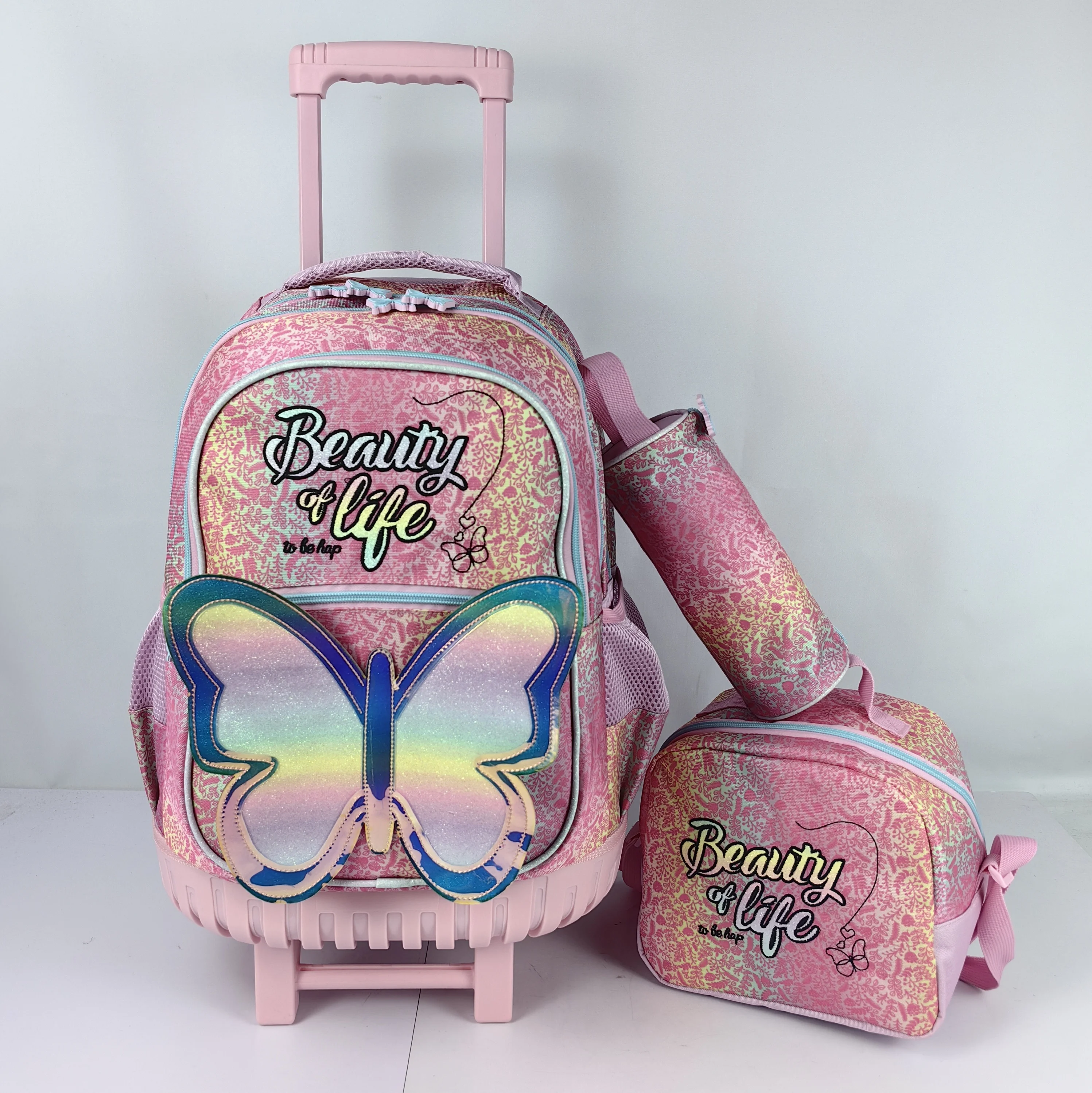Cartoon Pull Rod Backpack for Girl Colorful Butterfly 3 In 1 Trolley Bag Set With Lunch Box Pencil Case Trolley School Backpack