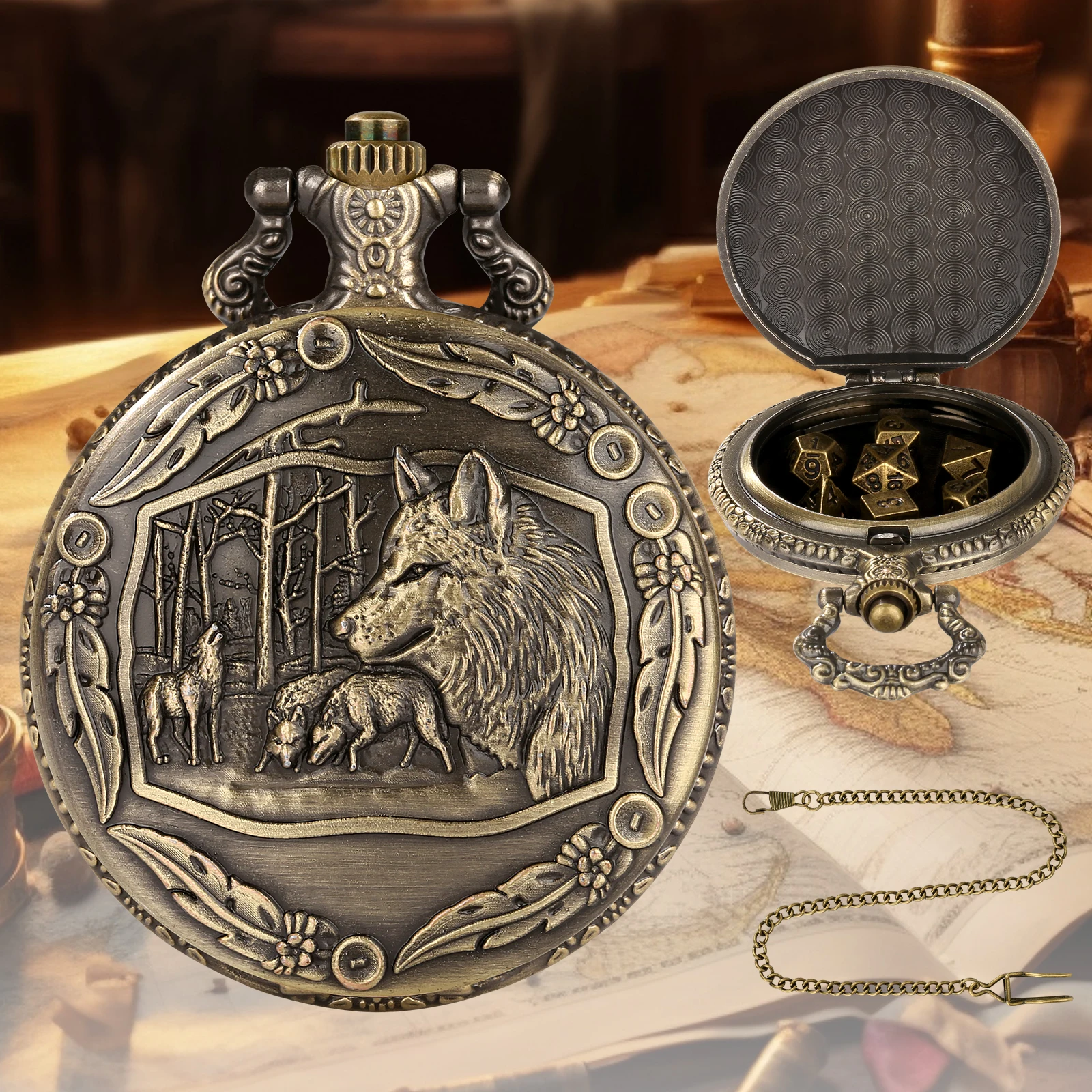 Dnd Dungeons & Dragons Mini Board Game Cosplay Dice Metal Dice Set Dnd With Wolf Design Bronze Pocket Watch Case