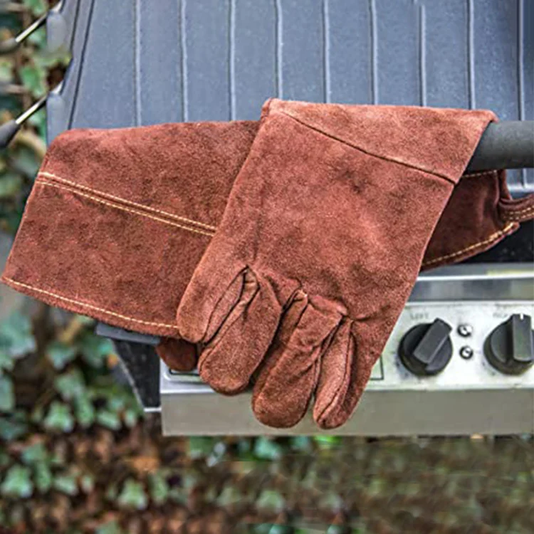 brown babecue BBQ heat resistant hand protection fireproof five fingers reinforced palm high-quality gloves