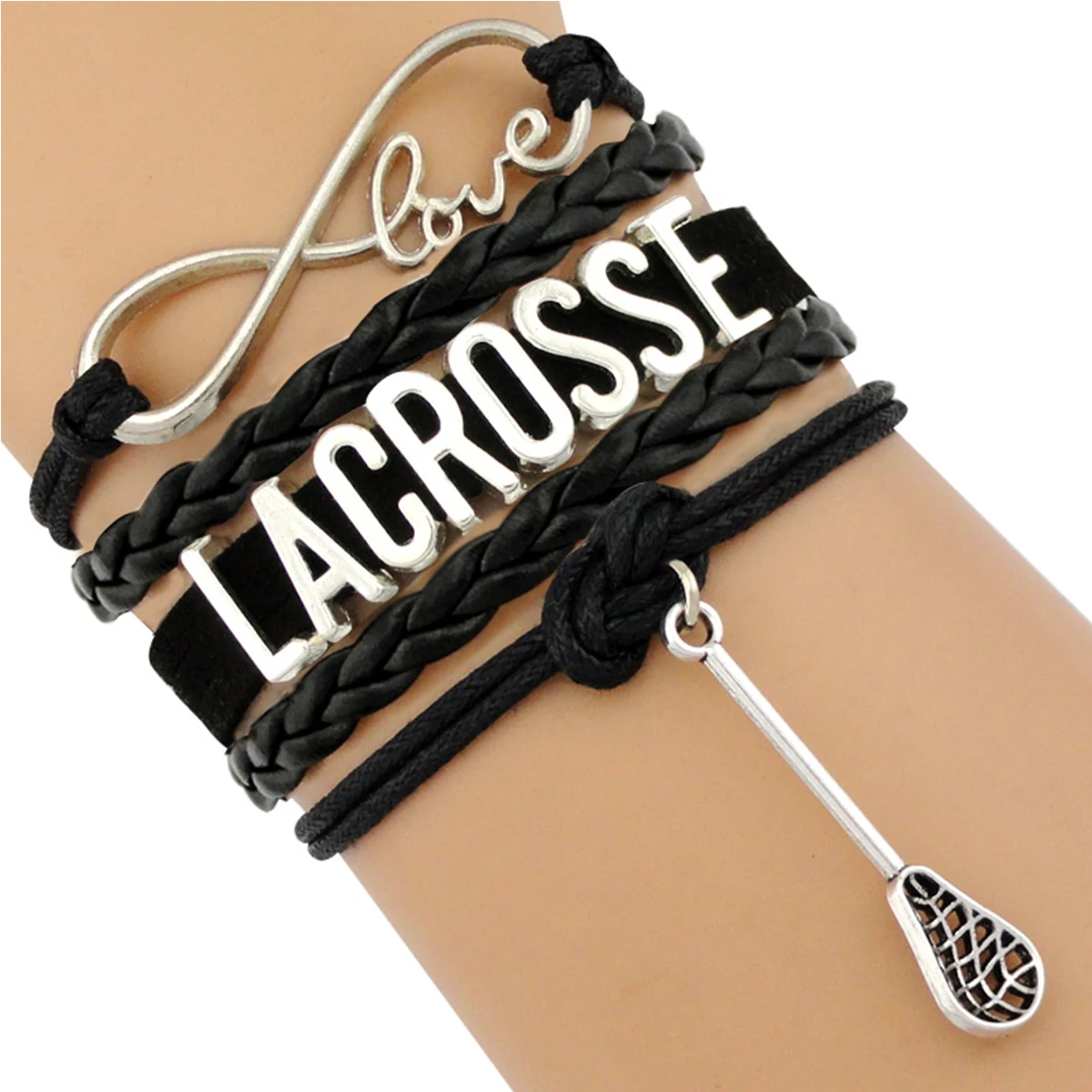 Factory Drop Shipping Infinity Love Lacrosse Bracelet Mom Stick Helmet Charm Black Leather Jewelry Men Bracelet for Women