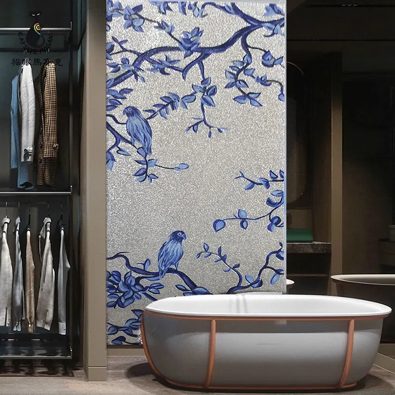 Elegant Hand Cutting Classic chinoiserie Blue Flower and Birds Pattern Art Glass Mural Mosaic Decorative Wall Tiles