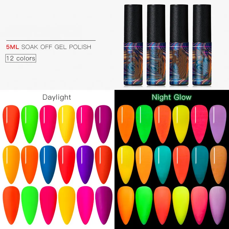 Nail Gel Glow In Dark Fluorescent Neon UV LED Semi Permanent Soak Off Gel Varnish Lighting In Night Nail Art