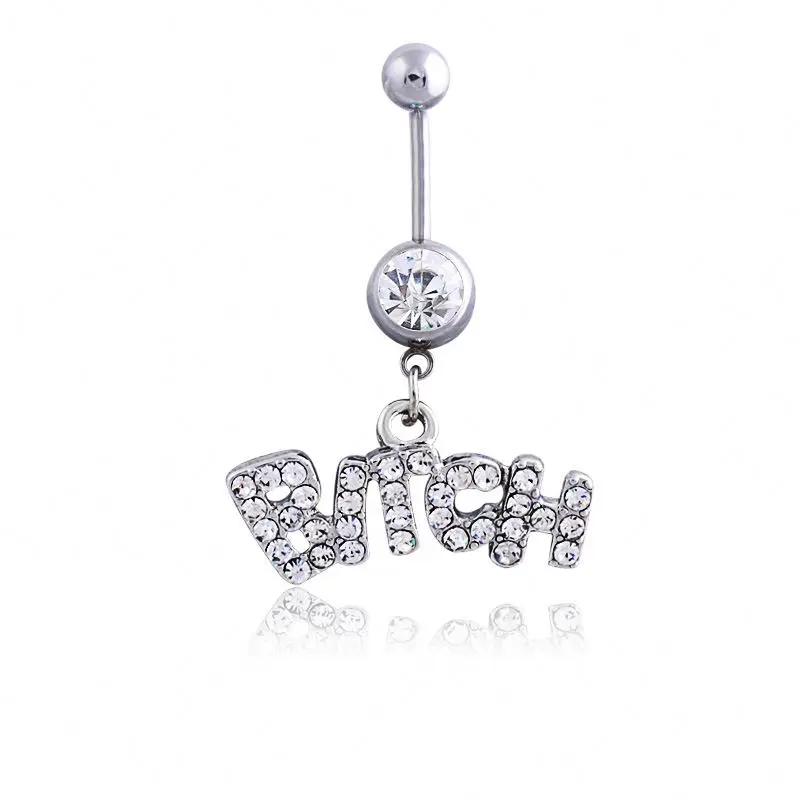
The Sexy Party Body Jewelry Pink Crystal Letter Bitch Belly Button Ring Stainless Steel Initial Letter Navel Rings 