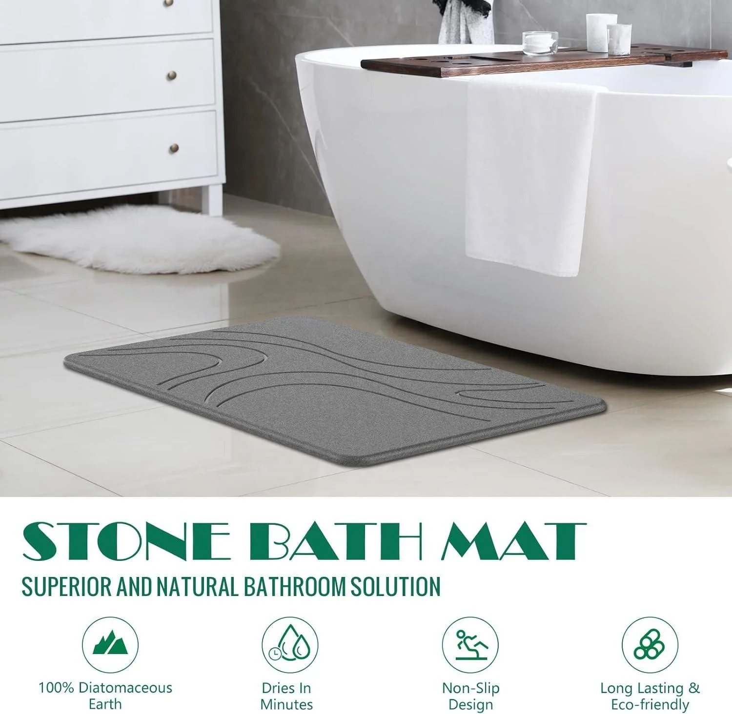 Custom Shower Mat, Diatomite Stone Bath Mat , Non-Slip Super Absorbent Quick Drying Bathroom Floor Mat, Natural, Easy to Clean