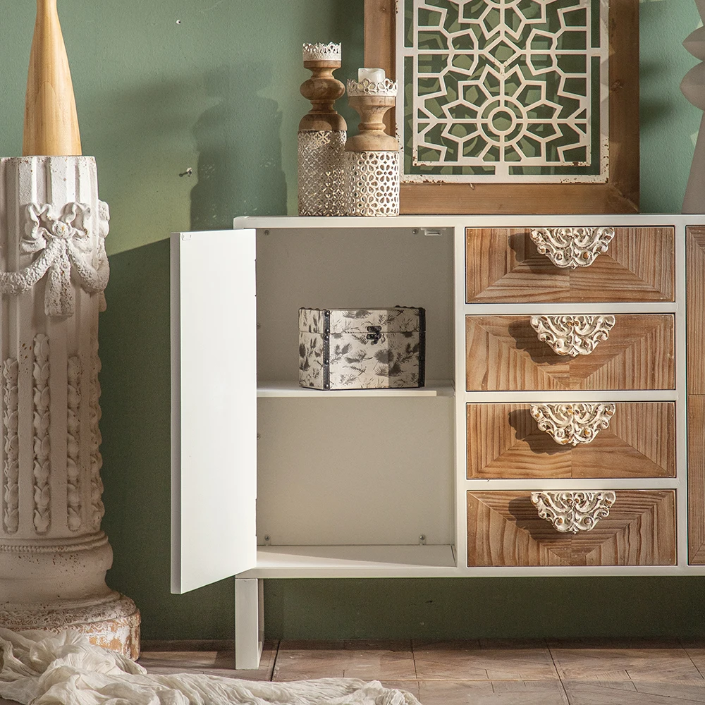 High Quality Kitchen Cabinets Retro Design Glass Door Accent Solid Wooden Cabinet With Drawers Modern Living Room Cabinets