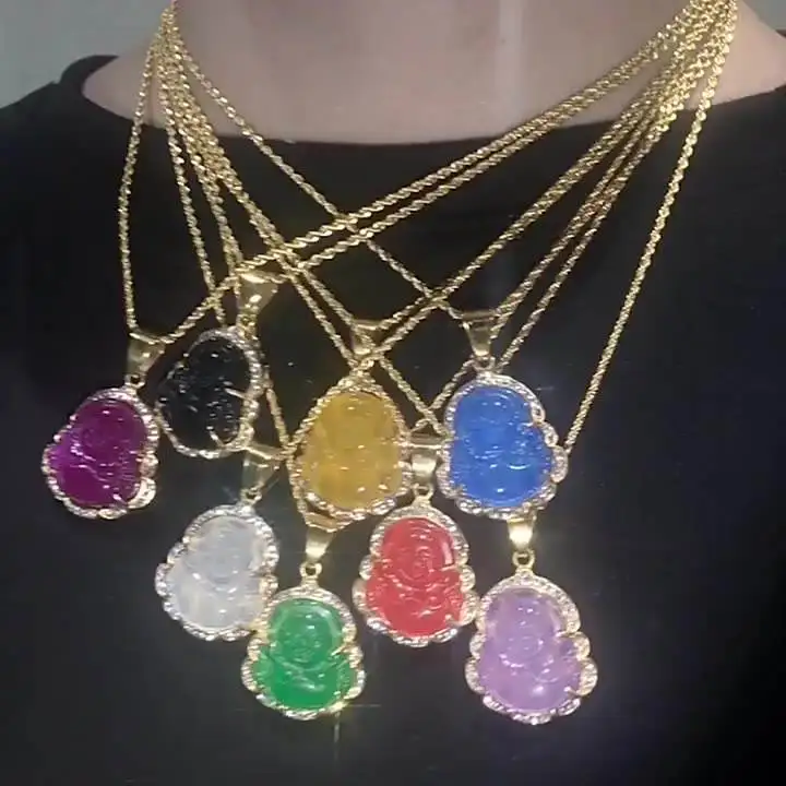 Stainless Steel Jewelry Custom Green Buddah Laughing Charm Cuban Rope Chain 18K Gold Plated Jade Buddha Necklace Pendant