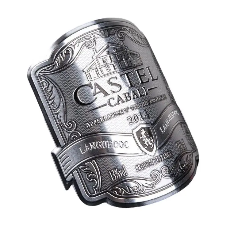 Custom Retro Vintage Craft 3D Embossed Bottles Adhesive Metal Sticker Label Metal Wine Logo