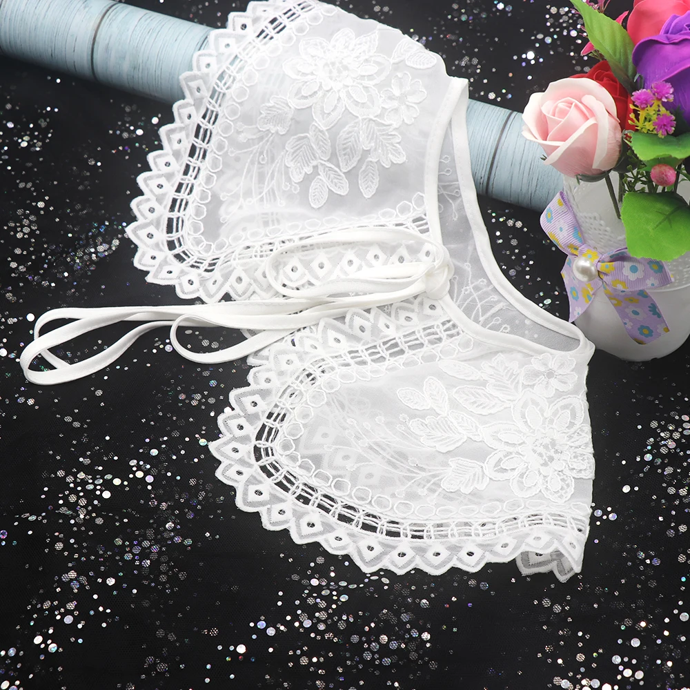 Front Tie White O-Neck Detachable Embroidery Flower White Organza Women Female Fake Collar For Dress Garment Accessories