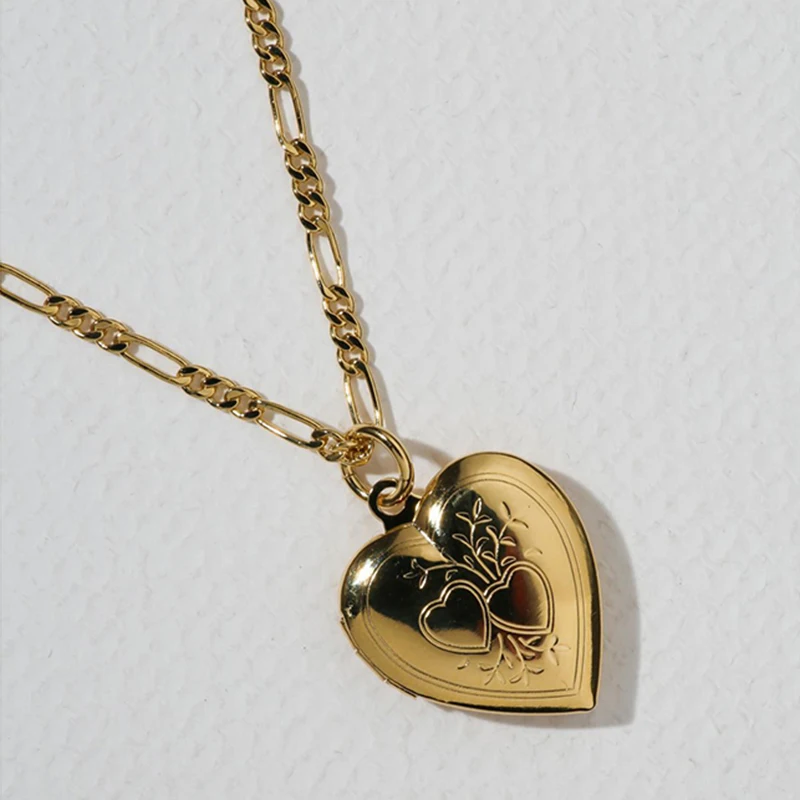 Love Heart Locket Charm Thick Chain Necklace Women Retro Stainless Steel 18K Gold Plated Engraved Photo Locket Pendant Jewellery