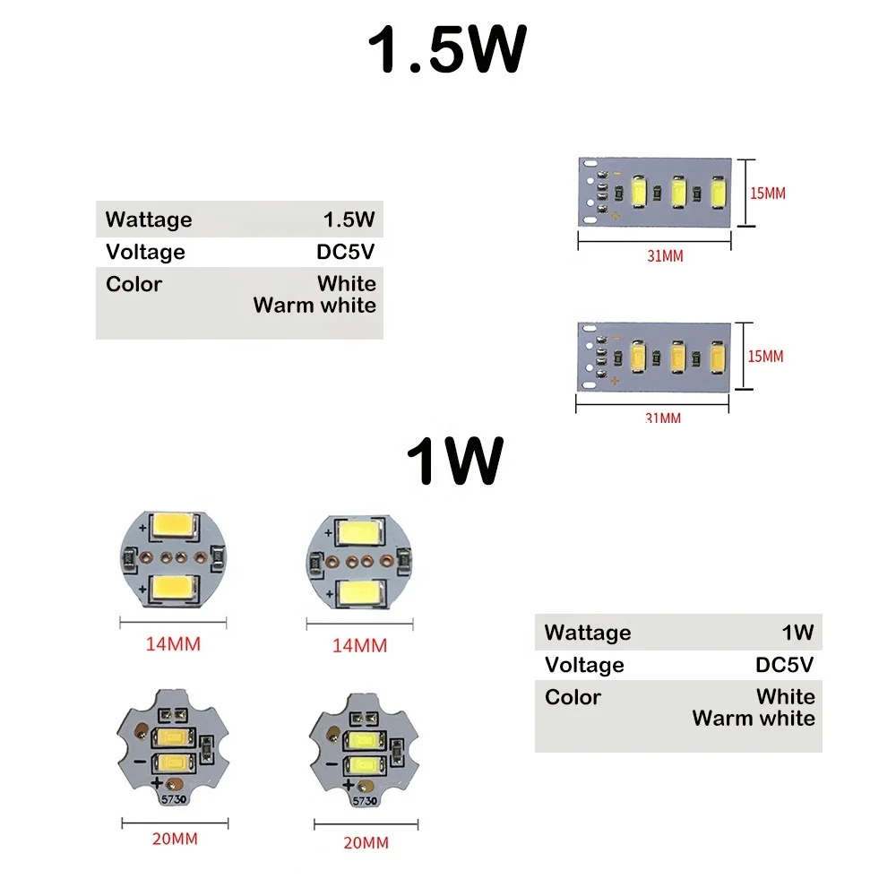 DC5V Dimmable LED Chip 1W 5W 10W 30W Surface Light Source SMD 5730 LED Light Beads DIY White Warm White DIY Adjustable LED Bulb