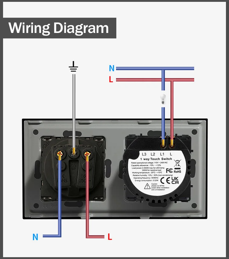WIFI Light Switch with Socket 1 Gang 1 Way Switch and Socket Modern EU smart switch push button