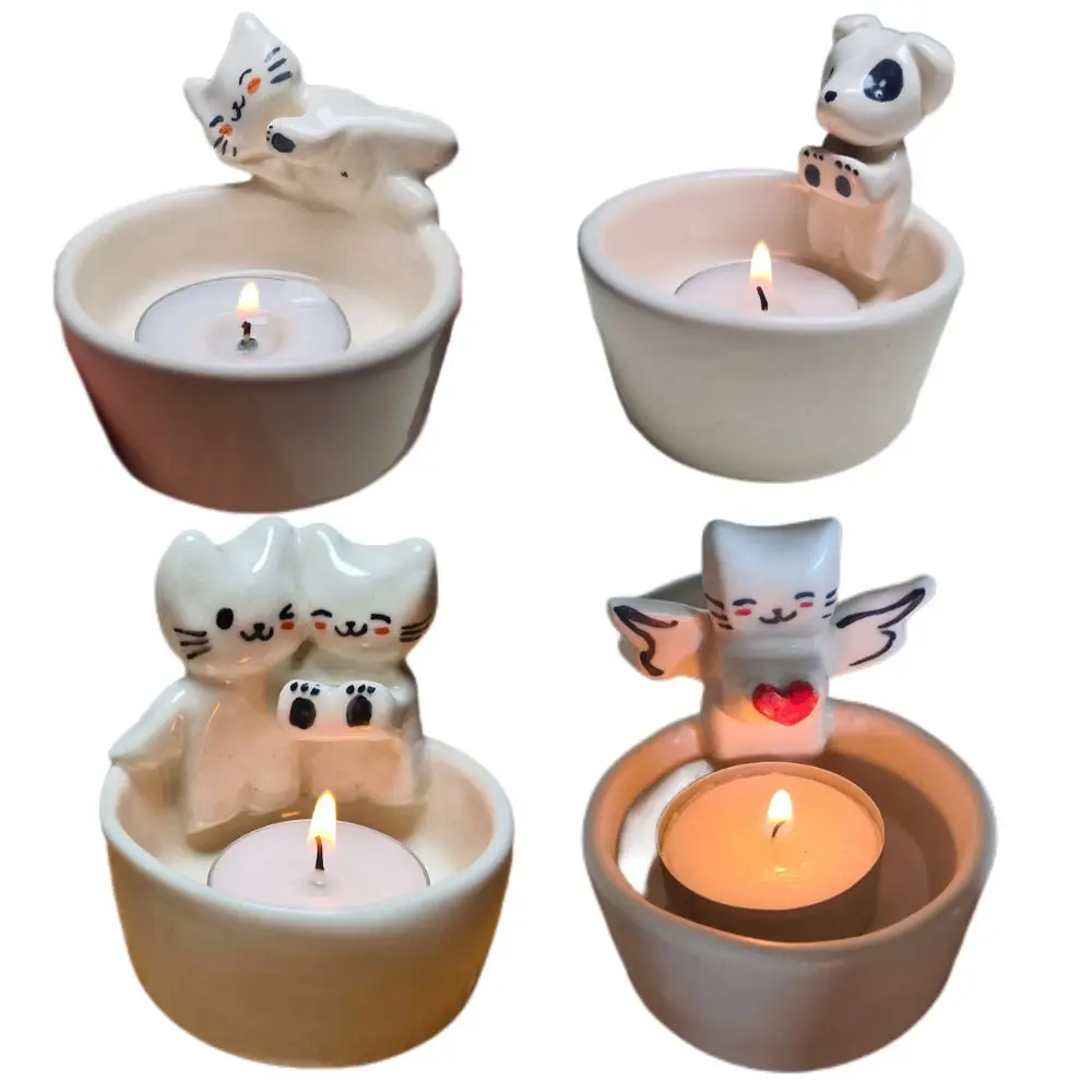 UOBOBO ceramic cement black white tealight round new dog kitten candle holder plate for home decoration