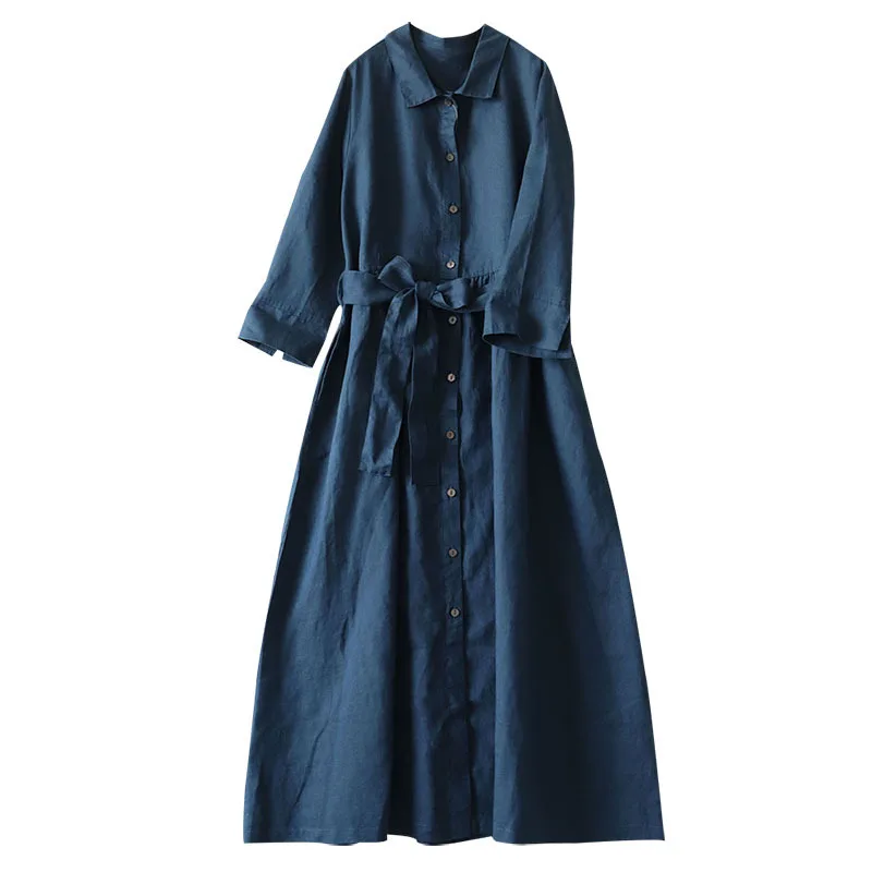 Factory Direct Sale Japanese Literary Pure Linen Lapel Dress Shirt Long Skirt