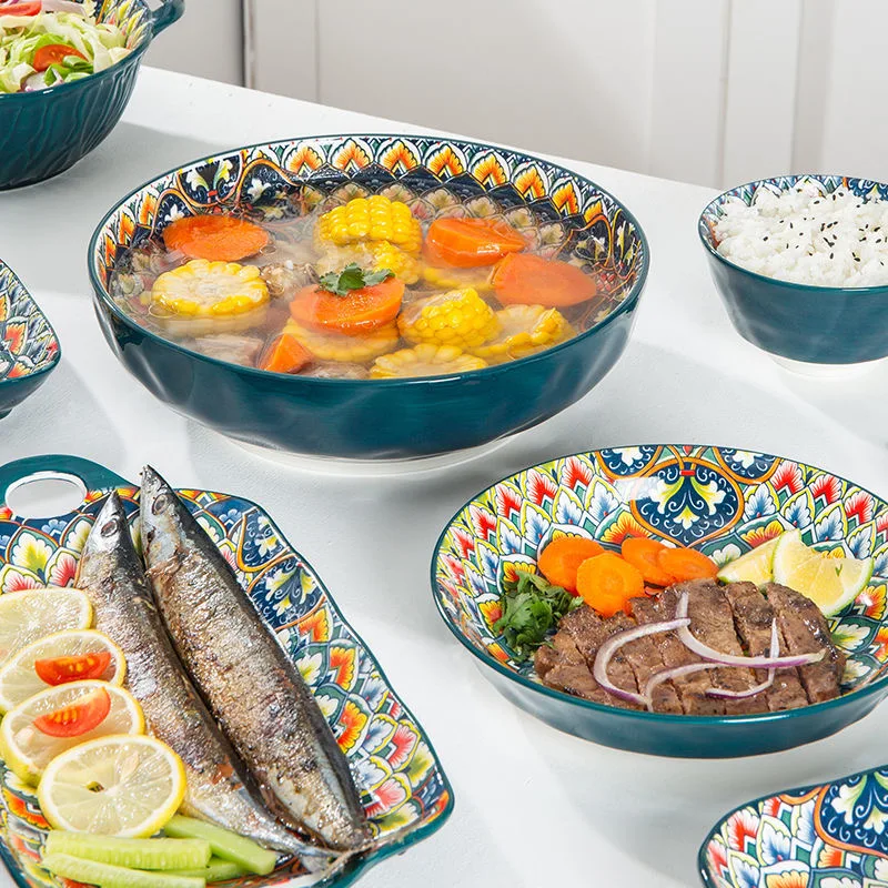 Microwave oven safety machine printing Morocco Bohemia style luxury ceramic dinner plates sets dinnerware for gift
