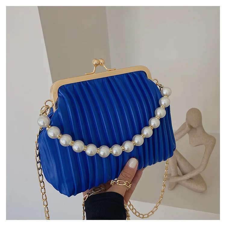 Korean INS Style Pearl Handbag for Ladies Fashion Pleated Personalized Single Shoulder Messenger Bag Shell Bag for Women