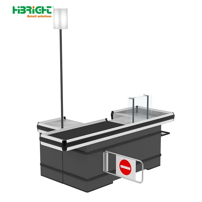 Highbright Retail Store Customized Supermarket Cashier Table Cash Desk Checkout Counter with Conveyor Belt