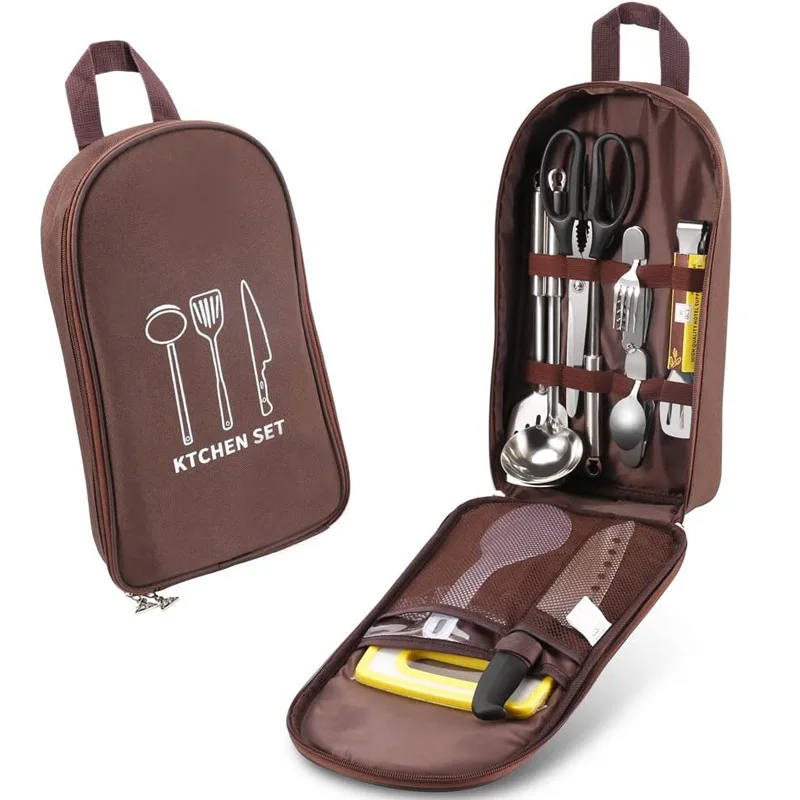 BBQ Beach Hiking Travel Organizer Storage Pack Cook Gadgets Equipment Gear Camping Kitchen Utensil Set with Carrying Bag